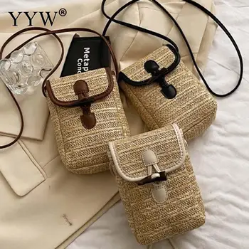 Модерна дамска чанта-месинджър ръчно изработени, тъкане от слама, пшеница, чанта на рамото с ключалка, всекидневни чантата си за мобилен телефон за момичета, монета, мек портфейл