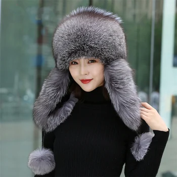 Модерна зимна кожа капачка за жени, благородна, топла шапка от лисьего кожа, луксозна шапка от естествена пухкав мек утолщенного кожа Лей Фън