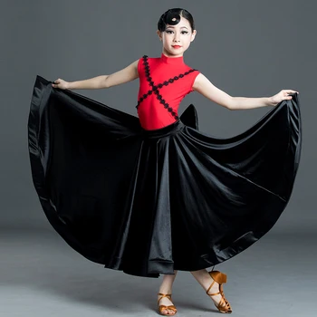 Модерно облекло за танци, червен топ, черна дълга пола за момичета, детски рокля за състезания по танци балната зала, костюм за латино танци XS5899