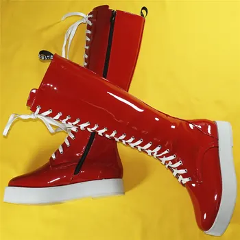 Модни маратонки до бедрата, дамски червени ботуши до коляното от лачена кожа, дантела, дамски зимни обувки-лодка на платформата с кръгло бомбе, ежедневни обувки