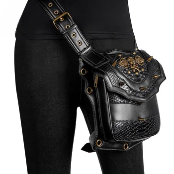 Модни мотоциклетът чанта за краката в стил ретро, Рок, готик steampunk, чанта с черепа, пънк, дамски чанти-месинджър, кожени скута чанти с нитове за мъже