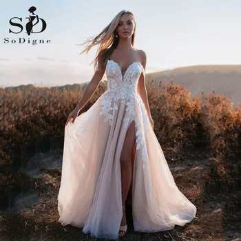 Мръсно-розови сватбени рокли SoDigne в стил бохо 2022, булката рокля с открити рамене, дантелени сватбени рокли с цепка отстрани