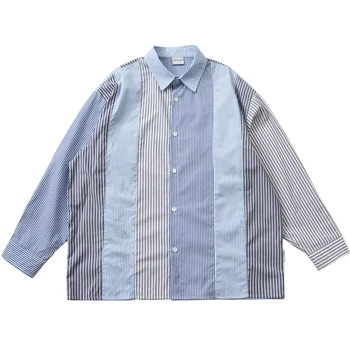 Мъжка риза в японската широки райета, висок контраст прошитая, с дълъг ръкав, синя ежедневна риза Cityboy, отложной яка