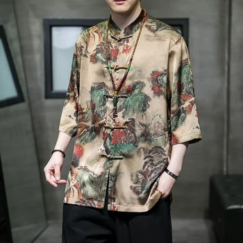 Мъжка риза, лятна яке с катарама и циферблат, костюм в стил Тан в китайски стил, контрастен цвят на Hanfu, риза с висока яка, палта Homme