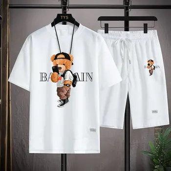 Мъжки t-shirt, комплект летни шорти, дишаща тениска, всекидневни модерен комплект за бягане в стил харадзюку, с принтом мъжки спортен костюм, новост 2023