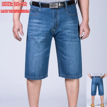Мъжки дънкови къси панталони летни къси дънки плюс размер 44 46 48 50 52 150 кг мъжки тънки домашни еластични панталони с висока талия, опъната наполовина