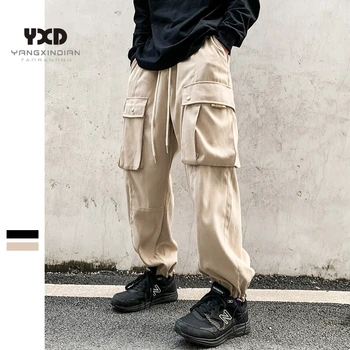 Мъжки Модерни Панталони-Карго, Мъжки Модни Маркови Свободни Панталони Цвят Каки С Множество джобове, Мъжки Обикновена Ежедневни Бежови Панталони и интериор В Японски Стил