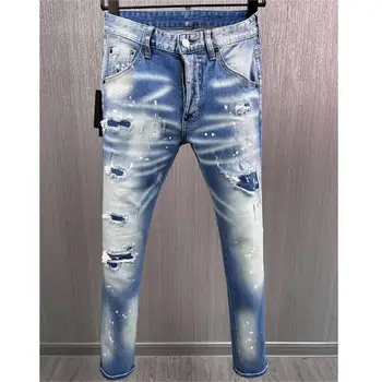 Мъжки модни дънки с дупки, боядисани със спрей, модерни мото - и байкерские улични ежедневни панталони от деним 9893#