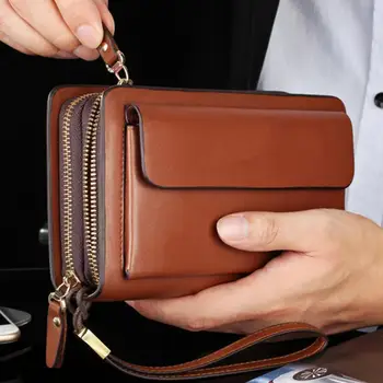 Мъжки портфейл от изкуствена кожа в двоен цип, в чантата, притежател на пари, скоба, клатчи, чанта