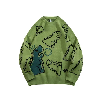 Мъжки пуловер, вязаный в стил харадзюку, градинска облекло в стил хип-хоп, пуловер с модел на динозавър, о-образно деколте, ежедневни двойка мъжки пуловери оверсайз