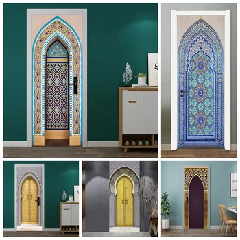 Мюсюлманската сграда vinyl стикер на вратата, 3D преносими религиозни водоустойчиви врати тапети за врати, стикери за дома, пристанище