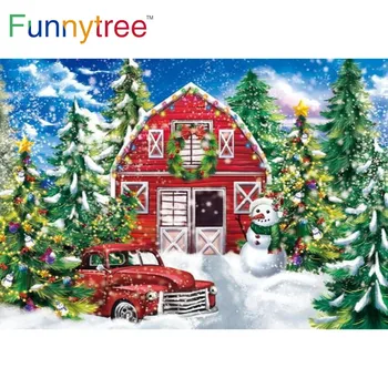 На фона на зимната коледно парти Funnytree, навес, дървета, Снежен човек, венец на грах, златни звезди, камбани, фон за украса на автомобил на фотофона