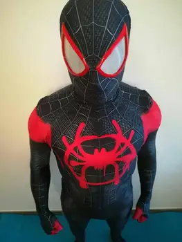 Най-новият АНИМЕ Майлс Моралес, костюм за cosplay с 3D принтом, костюм на супергерой Zentai на Хелоуин, боди за пораснали деца