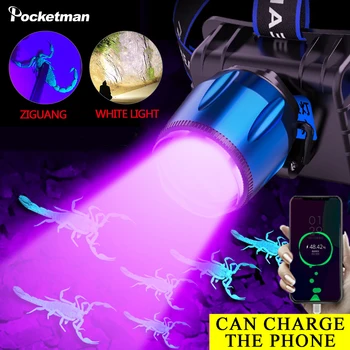 Налобный фенер с висока люменом, мощен UV-лампа 2 в 1, USB акумулаторна батерия led налобный фенерче с uv лилаво светлина, водоустойчив фенер налобный