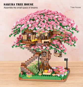 НАПРАВИ си сам Мини Сакура дърво къща Декоративни строителни блокове Гледка към улицата на града Черешов цвят Тухли играчки за детски подарък