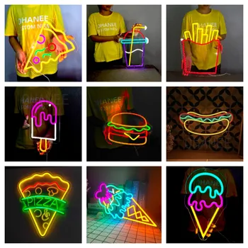 Неонов знак за хот-дог, пържени картофи, хамбургери, пица във формата на пица, стенни led неонови лампи, осветление, USB, ресторант, магазин, кавайный декор на стая