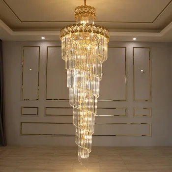 Нов дизайн, големи декоративни високи тавани, хромирани подвесная лампа за дневна, вита стълба, модерна луксозна кристален полилей