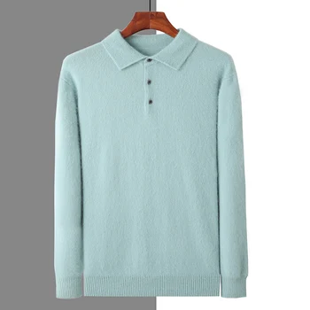Нов обикновен пуловер с ревера на 100% кашмир от норка, луксозна блуза в китайски стил, мъжката есенно-зимния пуловер копчета