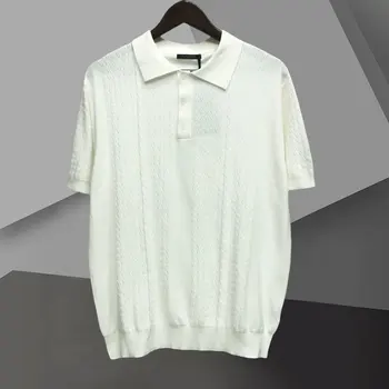 Нова жаккардовая тенденция Лятна мъжки однотонная Просто тениска с къс ръкав в британския стил, Вязаная Ежедневни Поло риза райе с ревера