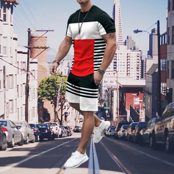 Нова лятна мъжки свободна градинска тениска за бягане в ивица с 3D принтом, спортен костюм с къс ръкав, дишаща ежедневни облекла
