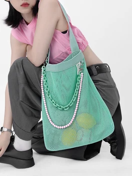 Нова лятна найлонова мрежа куха прозрачна плажна чанта с голям капацитет, модерна тенденция, известна дизайнерска чанта-купувач за жени