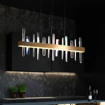 Нова модерна кристален полилей за трапезария с единична правоъгълна метална окачване, кухненски остров, барово осветление, led лампа за дома