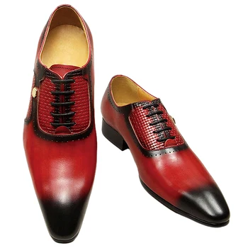 Нова мъжка кожена бизнес обувки, модни летни обувки дантела, червени, черни сватбени обувки са ръчно изработени, годишнина офис обувки-oxfords
