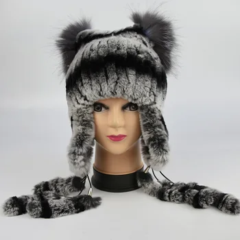 Нова шапка от естествена кожа заек за жени, вязаная луксозна зимна шапка-ушанка от кожа заек Рекс, кожени шапки-магьосници