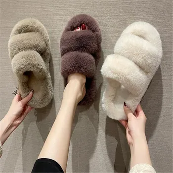 Нови зимни пантофи с отворени пръсти модни кожени обувки на плоска подметка с дебел ток и дамски ежедневни слипоны за спални Меки уличните пързалки обувки