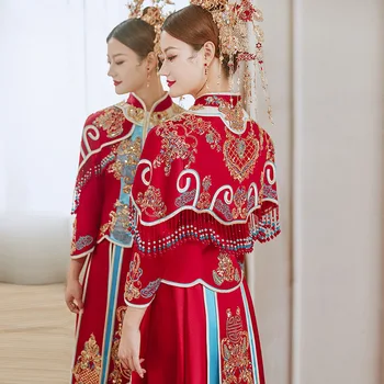 Ново булчинската рокля на булката 2022 г. в ретро китайски стил, червени пайети, бродерия с мъниста, пискюли, дрехи за наздравици Рокли