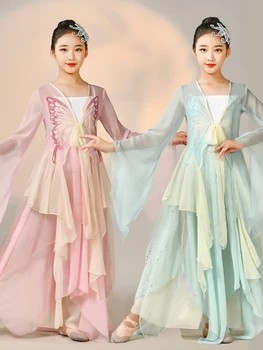Новоприбывшая момиче, традиционен танцов костюм с фен, широки дрехи за народни танци, детска класически танцови Hanfu Yangko