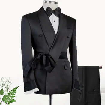 Обичай класически черни официални сватбени костюми за младоженеца-мъже, моден фрак за парти, абитуриентски бал, двубортные мъжки блейзери с яка-шал