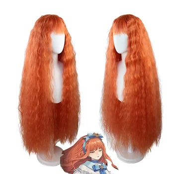 Обратното на играта: 1999 Синя перука за cosplay 120 см, е огнеупорна вълна, къдрава оранжева женска коса, тъпа бретон, изкуствена коса на Хелоуин