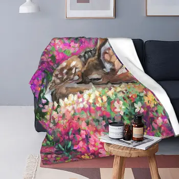Одеяло с пъстри цветя млад елен, фланелевое мултифункционален ультрамягкое одеяло с принтом за дома, стеганое юрган за спалня 09
