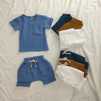 Однотонная лятна детски дрехи от органичен памук, най-момчета и момичета, къс ръкав + шорти, детски всекидневен костюм от две части