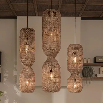 Окачен лампа от ратан с дръжка в стил шинуазри, творчески ретро дизайн, лампи за дневна, мека мебел, украса на кухненския плот, led полилей