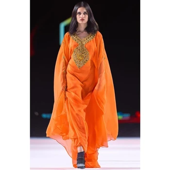 Оранжев Нови Кралски ислямски модерен, Елегантен Дубай Марокански дълга риза арабското рокля