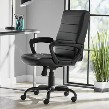 Офис стол за мениджър със средна облегалка от естествена кожа, черно офис стол, стол с възможност за сгъване на облегалката, офис мебели