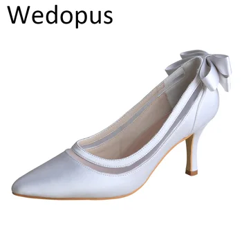 Персонални обувки-лодка Wedopus с остри пръсти, бели сватбени обувки с лъкове 8 см