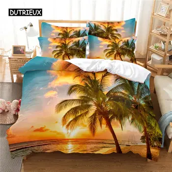 Плажен комплект спално бельо от кокосово дърво, комплект пододеяльников, 3d спално бельо с дигитален печат, комплекти спално бельо размер 