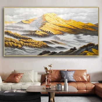 Планина златно фолио, голяма дебела живопис с маслени бои, абстрактен съвременен платно, за украса на хола ръчна изработка, украса на подарък