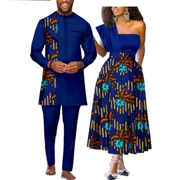 Подходящо облекло за африканските двойки, мъжка риза, панталони, костюм и женски сватбени рокли без презрамки с принтом Африка