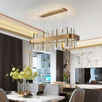 Правоъгълна модерна кристален полилей за трапезария, златна начало декор, окачена лампа, луксозен кухненски остров, led лампа cristal