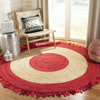 През цялата джутовый памук килим 100% натурален килим с червен пискюл, обръщане на мат спални, подложка за антре, домашен декор