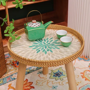 Приставной маса в Скандинавски стил, Ръчно Тъкане от ратан за Лесно почистване Малка Масичка От Естествени Материали Издръжлив на масичка за кафе