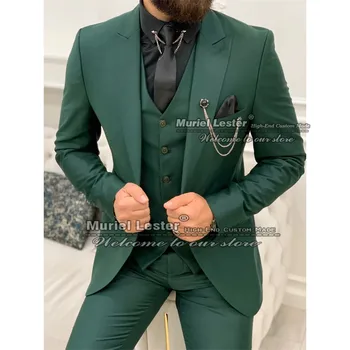 Пролетно-есенни зелени мъжки костюми, обтягивающий комплект от 3 теми, smart casual бизнес офис блейзър, сшитое на поръчка рокля Trajes De Hombre