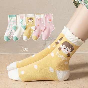 Пролетно-есенни чорапи със средна дължина, за момичета, памучни чорапи за момичета, четири сезона, 5 двойки