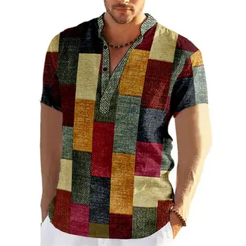 Реколта мъжка риза, риза модерен стил мозайка с 3D принтом, ежедневни лятна градинска облекло Оверсайз с къс ръкав, мъжки дрехи, тениски, потници