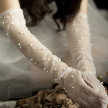 Реколта прозрачни сватбени ръкавици, ръкавици без пръсти с перли, дълги лакътя, мрежести капаци за ръце, аксесоари за сватбени рокли, реквизит за снимки