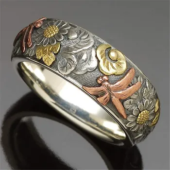Реколта пръстени във формата на водно конче от розово злато за мъже и жени, бижута, изделия от старо сребро, ретро-мода, пръстен с цвете от жълто злато-годежни пръстени